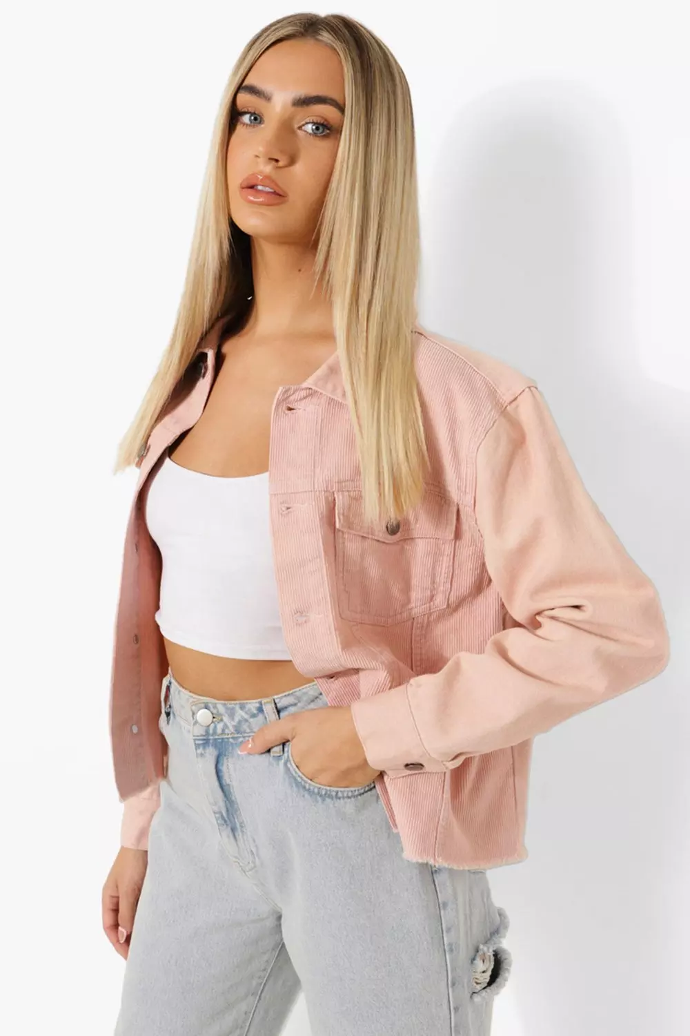 Pink cropped cord shop oversized trucker jacket